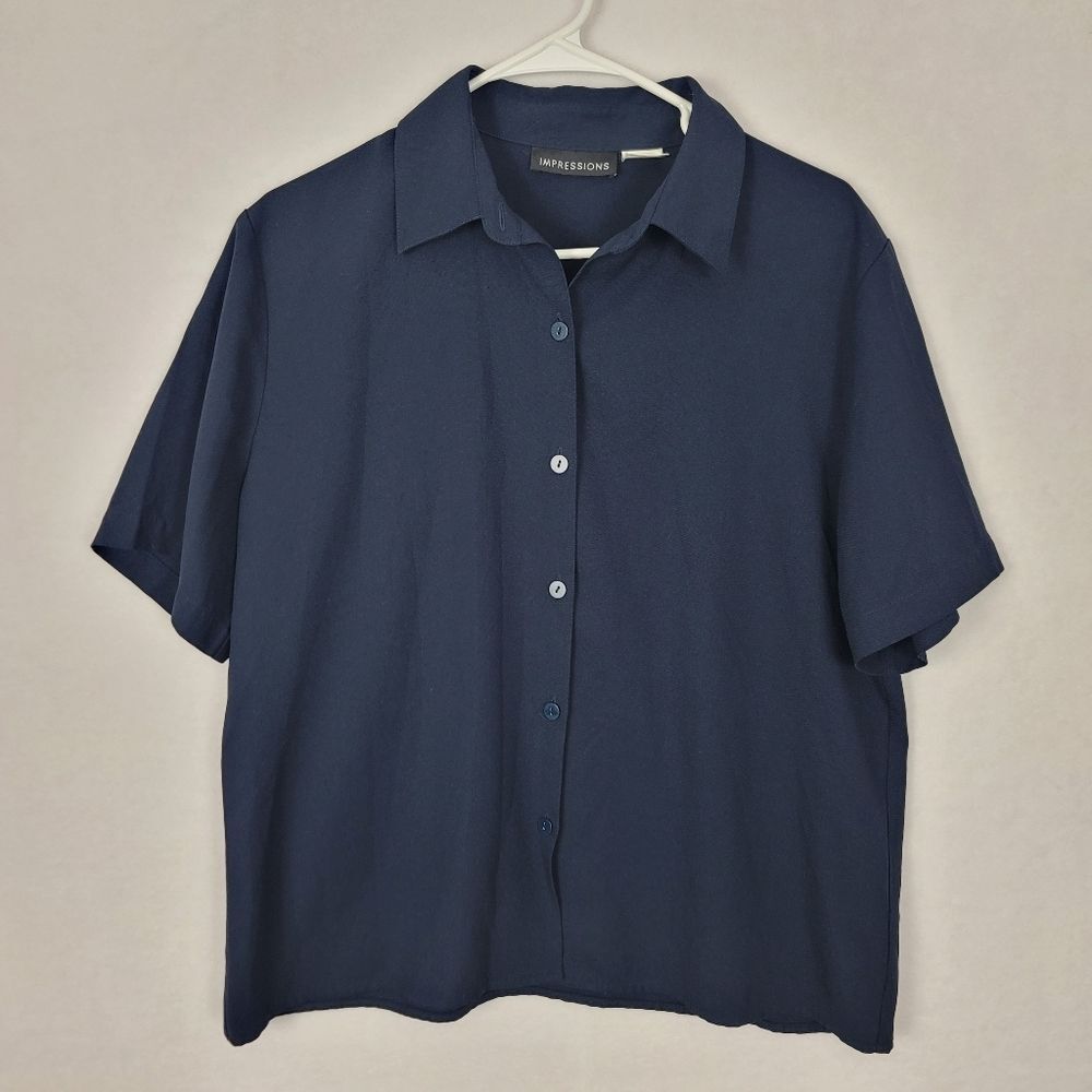 Women's Casual Boxy Short Sleeve Blouse Large Navy Blue Impression Capsule Basic